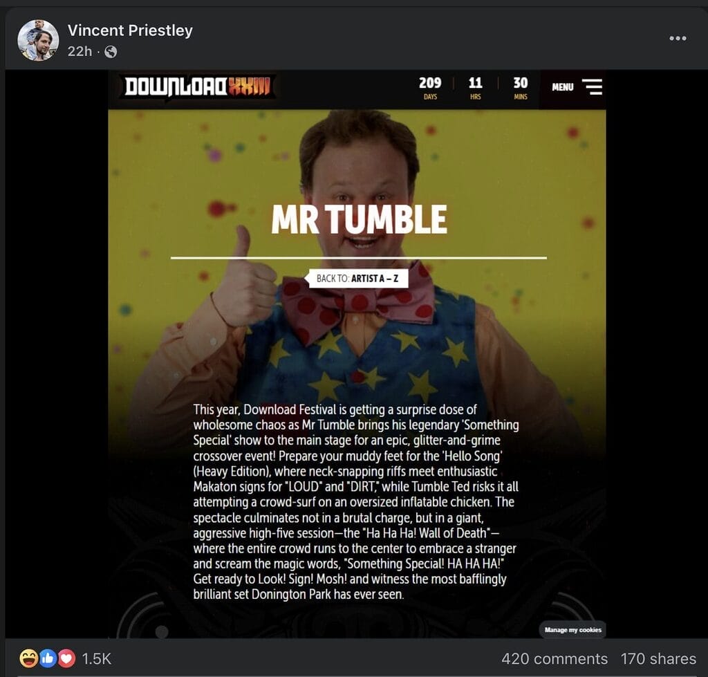 Screenshot 2025 11 13 at 22.40.30 Mr Tumble at Download Festival mocked up artist a-z screenshot