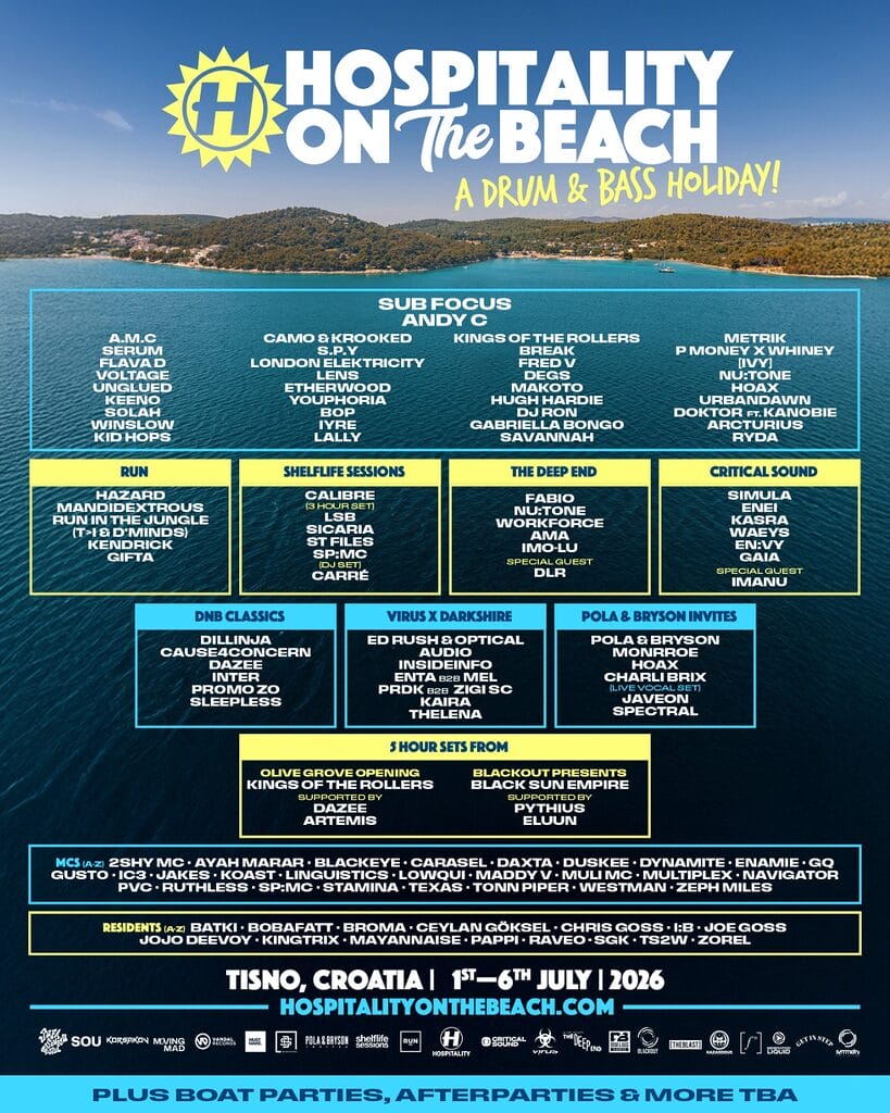 Hospitality on the beach 2026 line up poster Hospitality on the beach 2026 line up poster